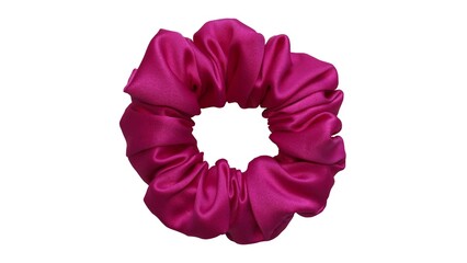 Hair scrunchie as hair tie in beautiful fuchsia color made out of satin fabric with white background, so elegant and fashionable. A great hair tie accessory for girls and women.