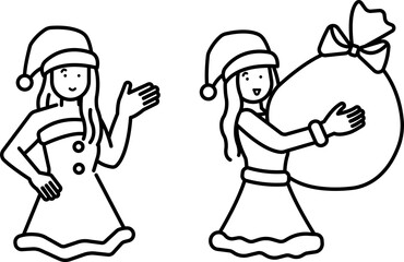 サンタクロースの衣装を着た女性のイラスト素材　線画のみ