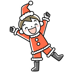 サンタクロースのコスチュームでジャンプする男の子