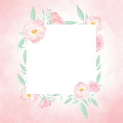 watercolor pink wild rose with golden frame wreath on pink splash background