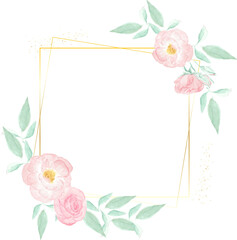watercolor pink wild rose flower bouquet with golden frame wreath