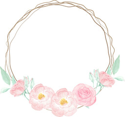 Fototapeta na wymiar watercolor pink wild rose flower bouquet wreath frame