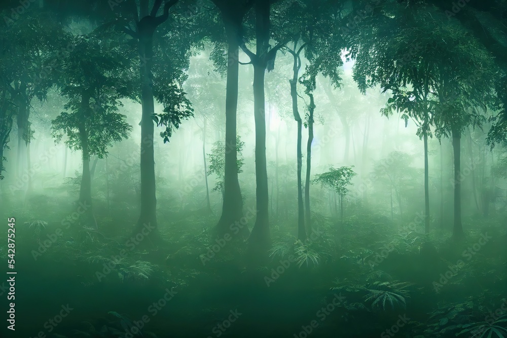 Wall mural Foggy night jungle forest, dark trees in white mist 3D illustration.