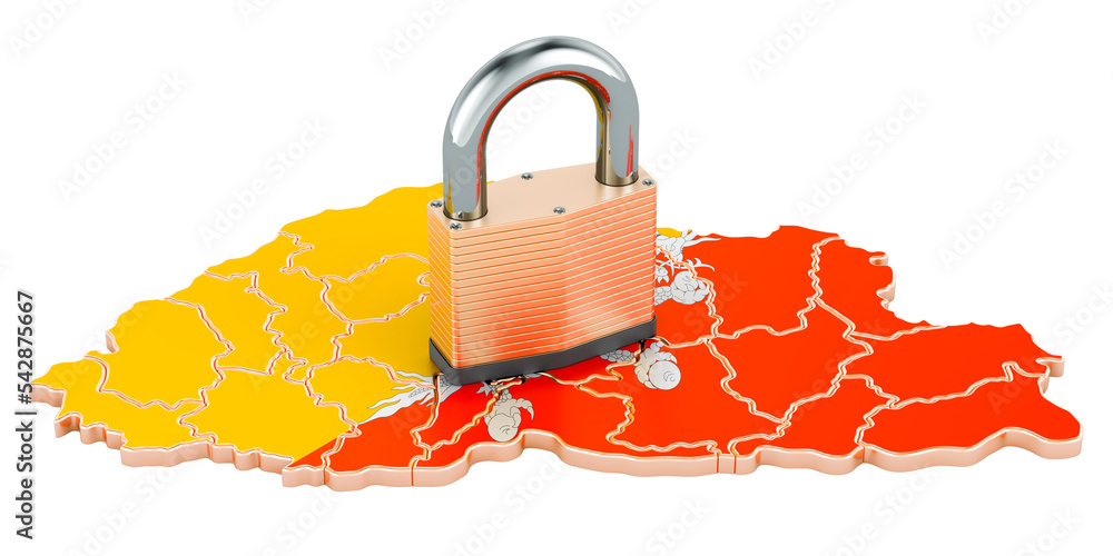 Poster lockdown in bhutan. padlock with map, border protection concept. 3d rendering