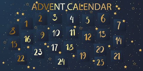 Christmas advent calendar. Cute Christmas ornaments with number of day december. Christmas poster countdown. Flat lay design great for poster, winter postcard, seasonal wallpaper. Vector illustration