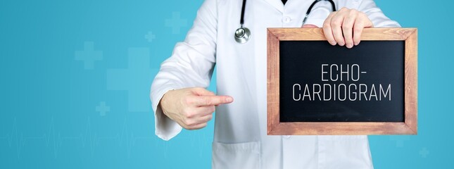 Echocardiogram (ECG). Doctor shows medical term on a sign/board