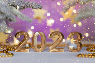 Golden numbers of year 2023. Glowing festive garland with bokeh on purple background. Happy New...