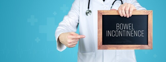 Bowel incontinence (faecal incontinence). Doctor shows medical term on a sign/board