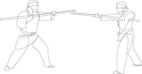 Continuous line drawing of martial arts kung fu composition with oriental battle with sticks. Vector illustration.
