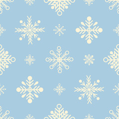 Naklejka na ściany i meble Seamless pattern with white snowflakes on a light background. New Year illustration in flat style. Vector image.
