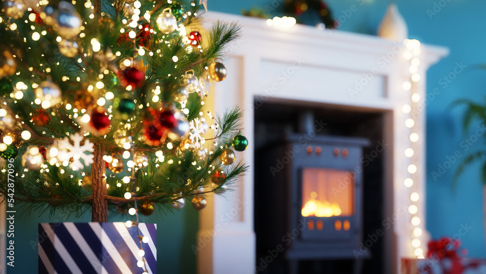 Poster christmas tree close up with bokeh effect, 3d rendering