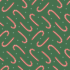 Fototapeta na wymiar Cute Christmas vector seamless pattern background with candy cane and dots. 