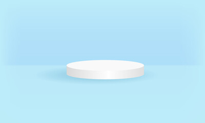 Vector 3D cylinder podium for cosmetic product. White scene on light blue background for mockup. 