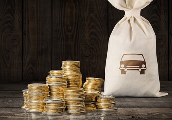 Set of golden coins and money bag