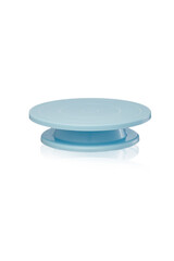 Close-up shot of a blue plastic rotating cake stand for cake decorating, displaying, and serving. The urntable stand is isolated on a white background. Front view.