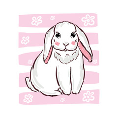  Cute white bunny and flowers vector illustration print design rabbit on pink, children print on t-shirt