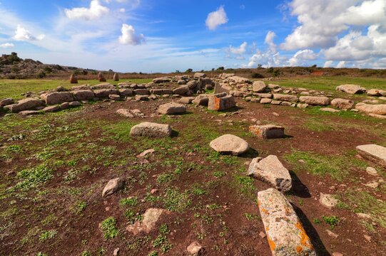 Ruins of the nuragic giants tomb at the Tamuli archeological site. Macomer, Sardinia, Italy