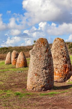 Menhir stones from the bronze age at Archeological site of Tamuli. Macomer, Sardinia, Italy