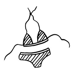 Summer clothes bikini swimsuit sketch clipart icon, beach vacation accessory doodle isolated on white.