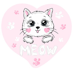 Cute cat vector print design on pink heart with paws. Children illustration for school books or design t-shirts. Meow slogan. Animal print.