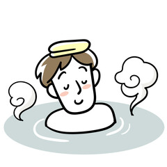 温泉につかってリラックスする若い男性