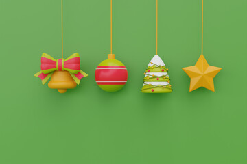 Ornamental Balls, bell, pine tree and star hanging on ribbon ornaments for Christmas and New Year. 3d rendering.