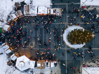 overhead view of city center at christmas holidays