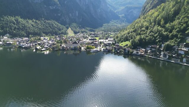 Hallstatt Austria lower part of village  high angle drone aerial view