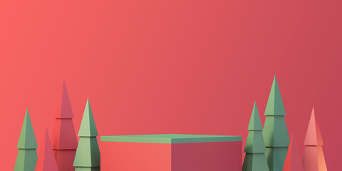 Christmas and newyear product podium mockup display background with chirstmas tree and ribbon,3D render background