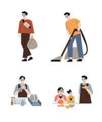 Men cleaning house working on household chores activities wiping dust, throwing garbage, washing dishes, do vacuum cleaning and cooking meal. Housekeeping concept. Flat drawn style vector design