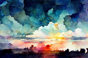 Colorful scenery with watercolor paintings, beautiful sky, flowers and trees