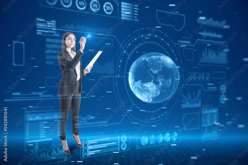 Aufkleber young european businesswoman using abstract glowing digital business interface with globe and variou