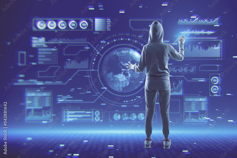 Aufkleber Hacker in hoodie using abstract glowing digital business interface with globe and various other icons on blurry blue wallpaper. Tech, hacking, future and economy concept.