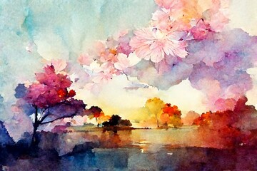 Plakat Colorful scenery with watercolor paintings, beautiful sky, flowers and trees