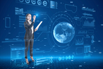 Young european businesswoman using abstract glowing digital business interface with globe and various other icons. Tech, future and economy concept. - Powered by Adobe