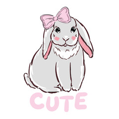 Cute rabbit girl with bow and pink slogan Cute. Vector illustration for print on t-shirt and other uses