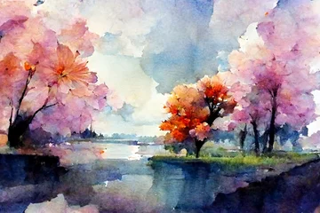 Zelfklevend Fotobehang Colorful scenery with watercolor paintings, beautiful sky, flowers and trees © Gun1215