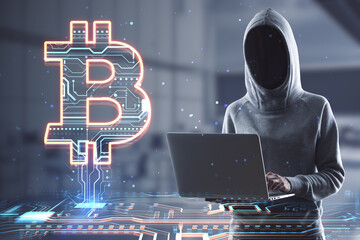 Cryptocurrency theft and exchange concept with glowing digital bitcoin sign with micro circuit on faceless person in hoody using laptop background, double exposure