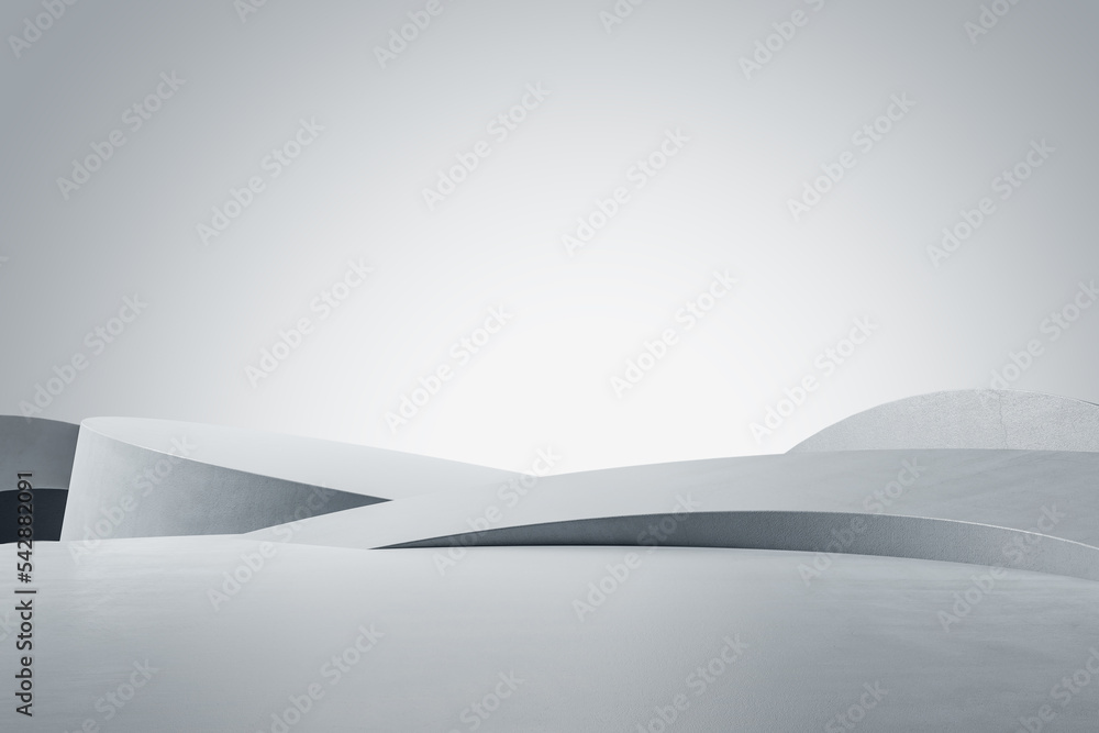 Poster Empty abstract stage or podium with place for your product presentation on light grey blank wall background. 3D rendering, mock up