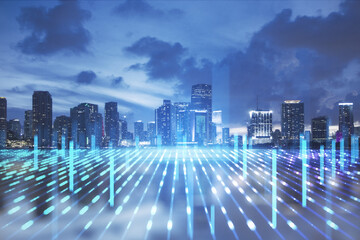 Creative glowing city skyline with abstract metaverse wallpaper. Digital future and cyberpunk...