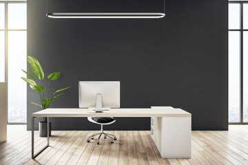 Front view on minimalistic style work place in sunlit light office with black wall, city view from the window, wooden floor and black wall background. 3D rendering
