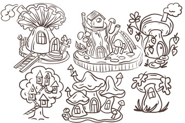 House pumpkin fabulous magical children's cartoon character forest mushrooms leaves hand drawn sketch doodle graphics separately  antistress coloring pages fairy forest magic stories mushrooms