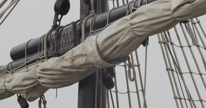 Ferdinand Magellan Nao Victoria carrack boat replica  mast and sail tilt detail shot in slow motion 60fps