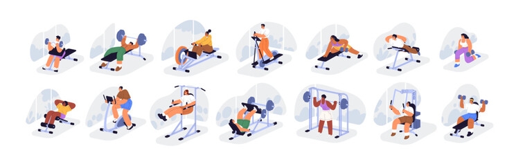 Naklejka na ściany i meble People exercising in gym set. Characters training on treadmills, cardio and weight workout machines, sport equipment with dumbbells, barbells. Flat vector illustrations isolated on white background