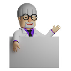   3D illustration. 3D character Design Professor standing behind blackboard. Shows a laughing facial expression. wearing cute glasses. 3D Cartoon Character