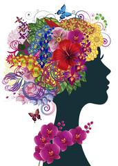 Beautiful young woman with tropicl flowers in heir hair. Illustration greeting card beauty and fashion.