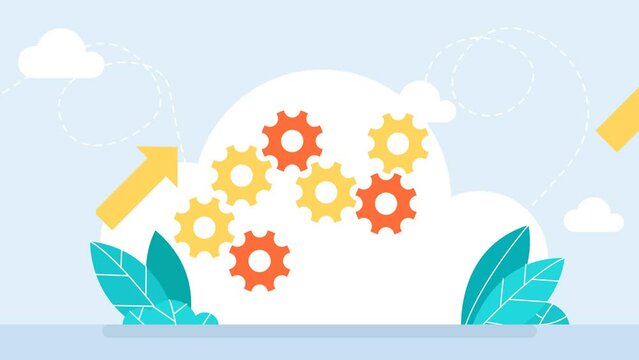 Teamwork. Setting up the mechanism. Various gears. The concept of departmental cooperation. A businessman holds a gear in his hand. The missing mechanism. Debug. 2d flat cartoon design animation