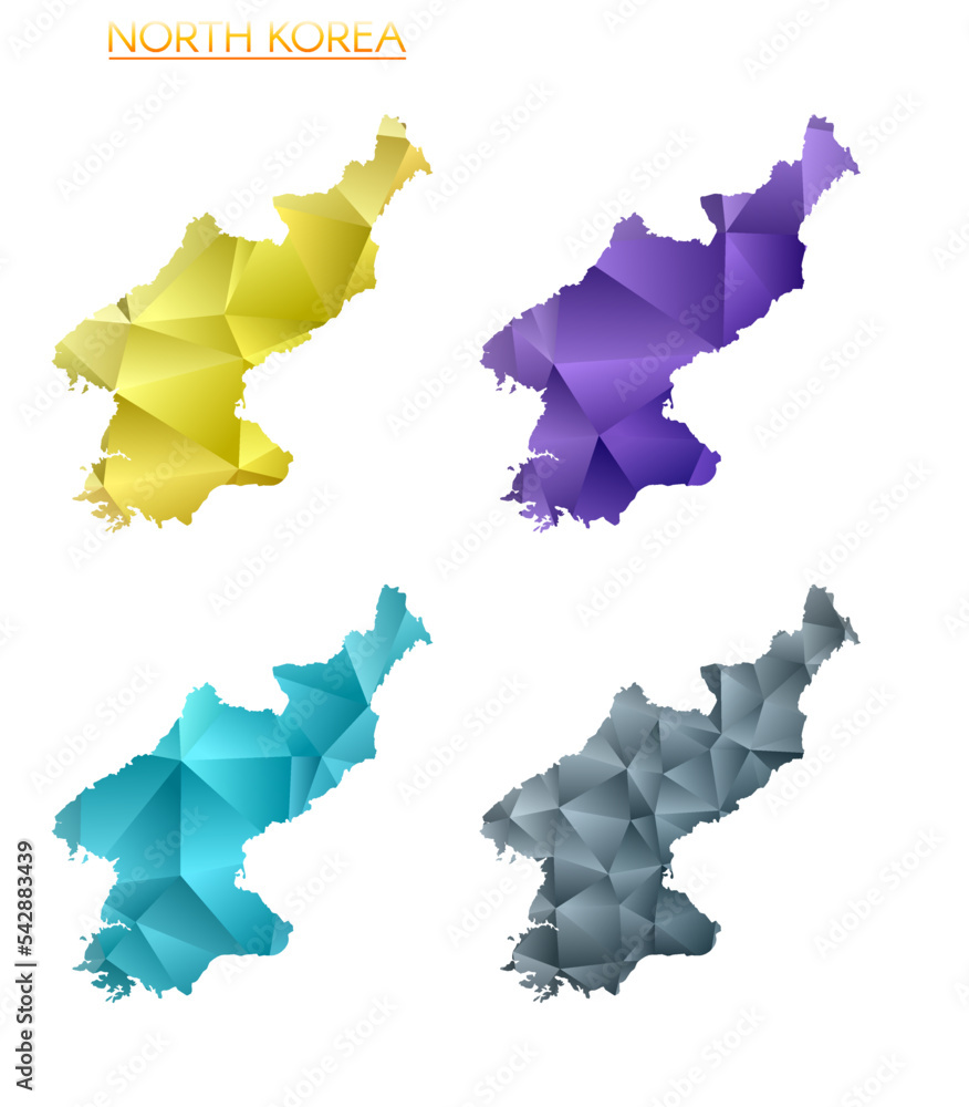 Poster set of vector polygonal maps of north korea. bright gradient map of the country in low poly style. m