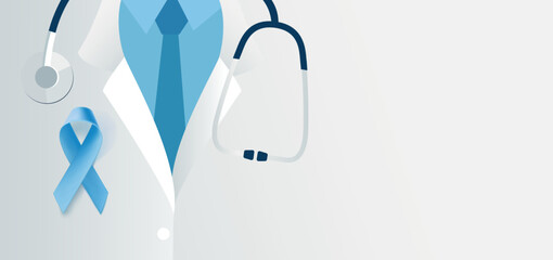 Medical background with close up of male doctor with stethoscope and blue ribbon on the chest. Vector illustration