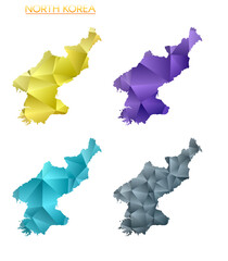 Set of vector polygonal maps of North Korea. Bright gradient map of the country in low poly style. Multicolored North Korea map in geometric style for your infographics. Appealing vector illustration.